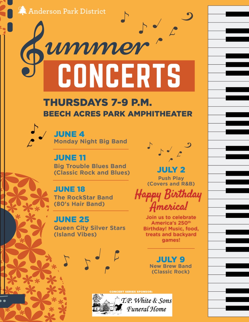 Flyer listing of the free summer concerts at Beech Acres Park